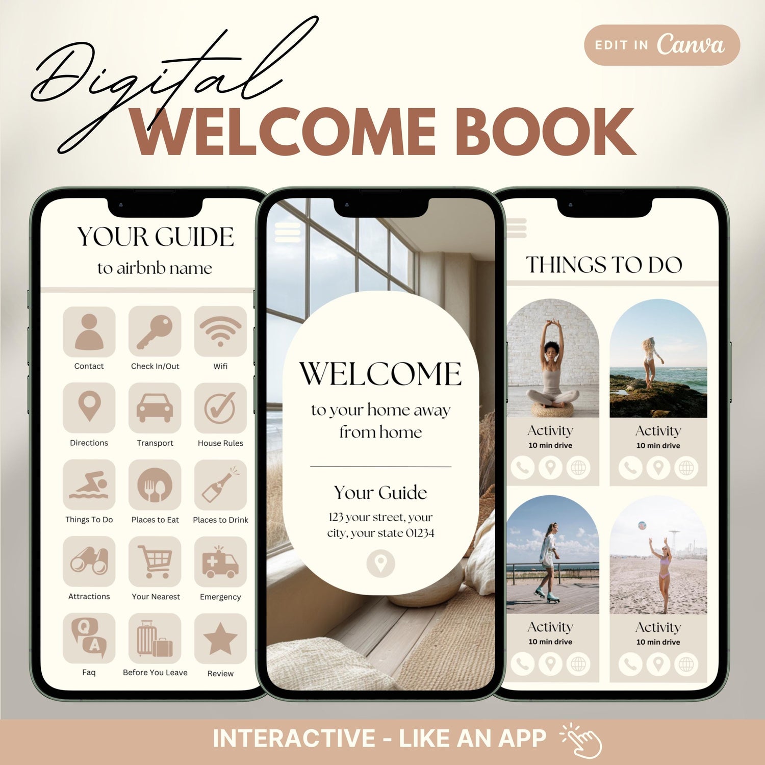 A promotional image for a digital Airbnb Welcome Book template, designed to look and function like an app.