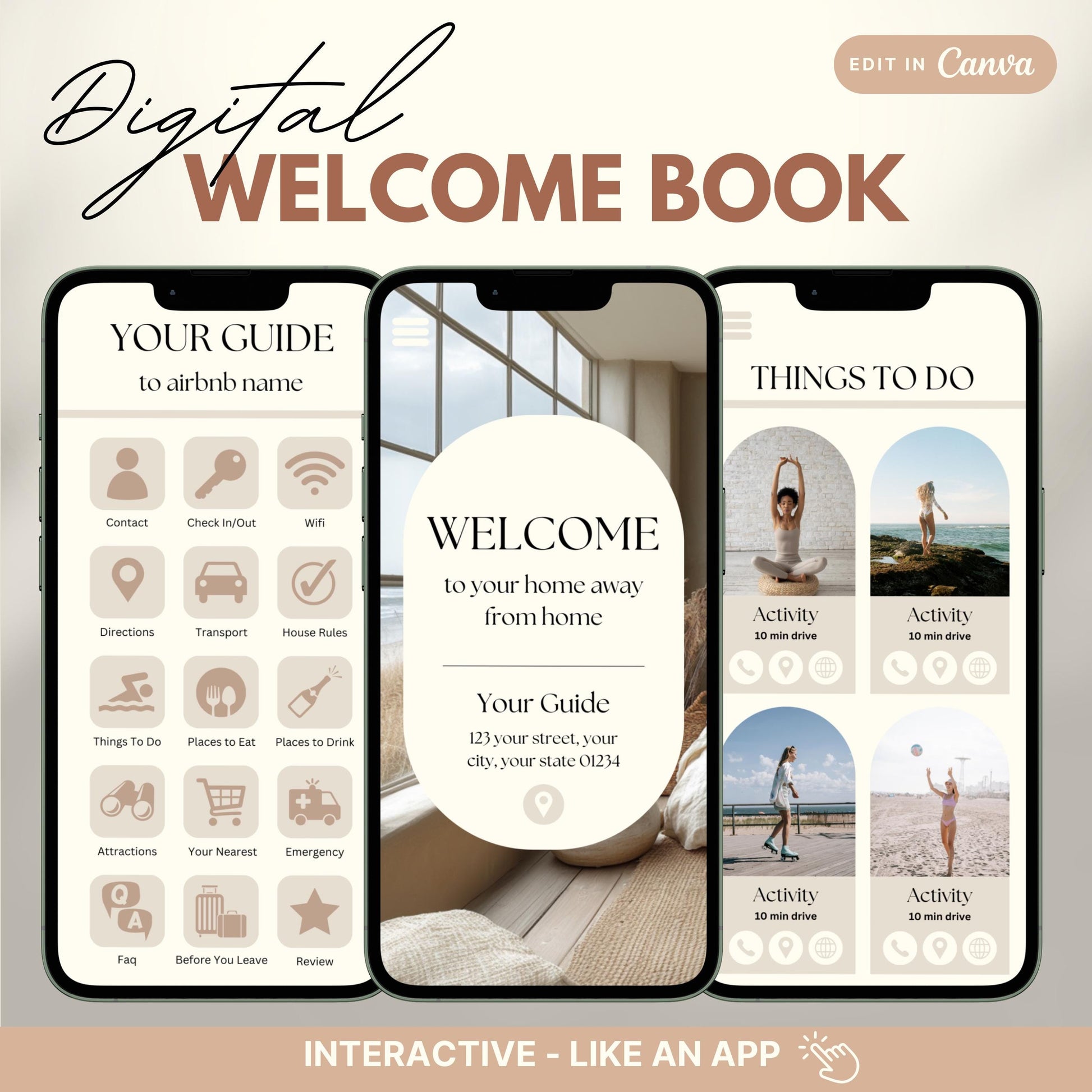 A promotional image for a digital Airbnb Welcome Book template, designed to look and function like an app.