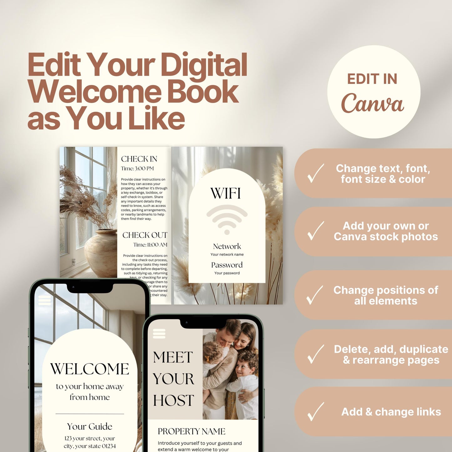 Editable Airbnb host welcome guide template, featuring welcome messages, house description, and host introduction. Includes checklist of customizable elements such as text, photos, layout, and links, all editable in Canva.
