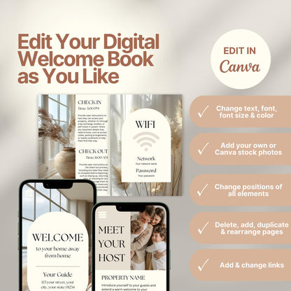 Editable Airbnb host welcome guide template, featuring welcome messages, house description, and host introduction. Includes checklist of customizable elements such as text, photos, layout, and links, all editable in Canva.