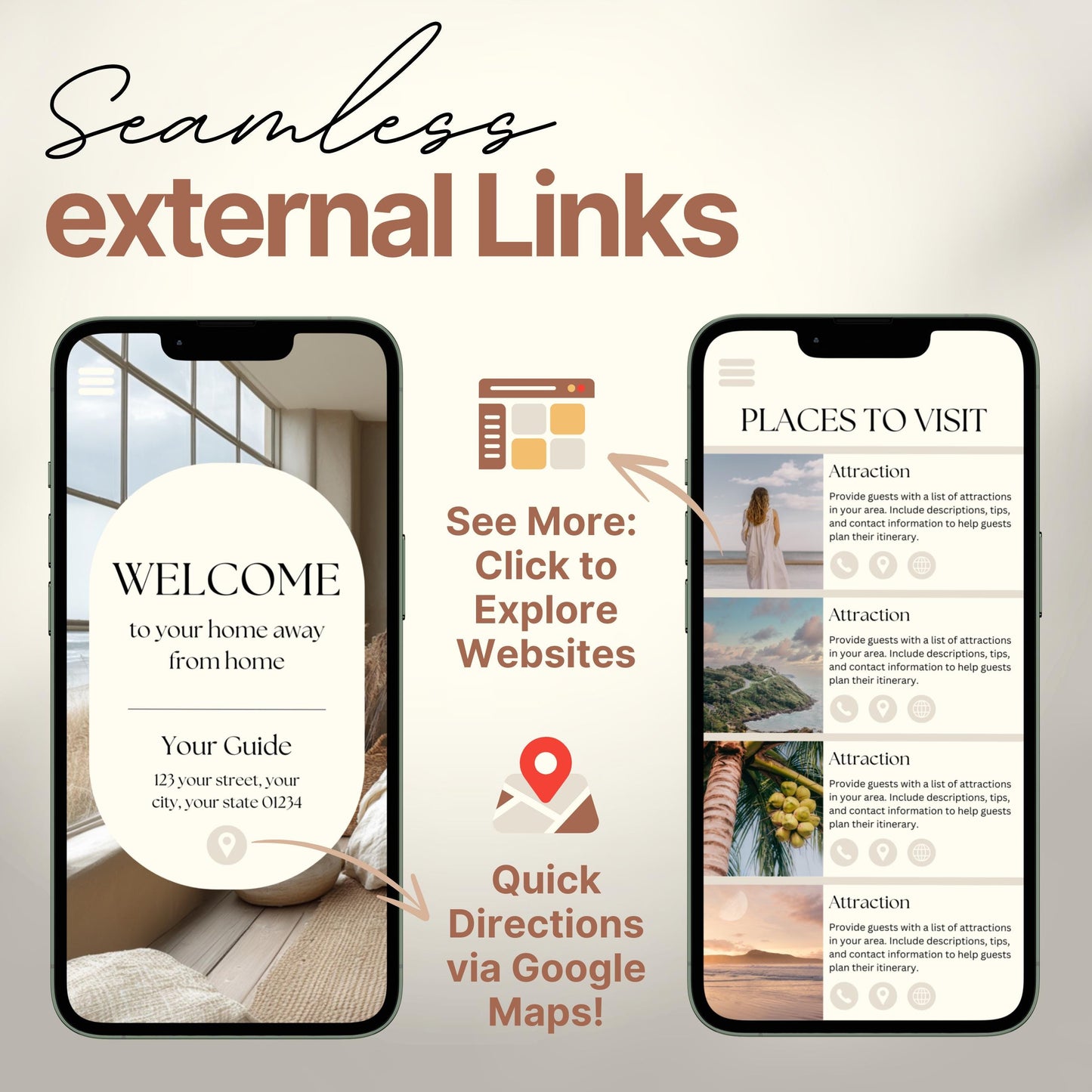 Arrows and icons highlight features like "See More: Click to Explore Websites" and "Quick Directions via Google Maps!" The design emphasizes seamless integration of external links for an interactive guest experience.