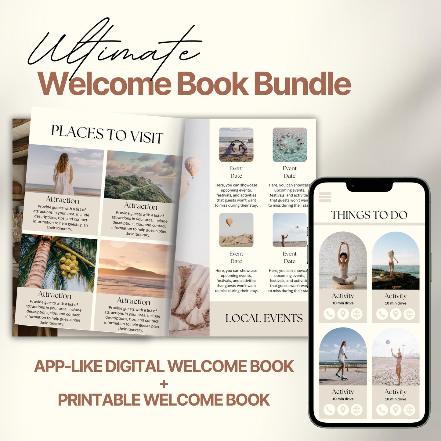 A promotional layout for a Airbnb Welcome Book template. 