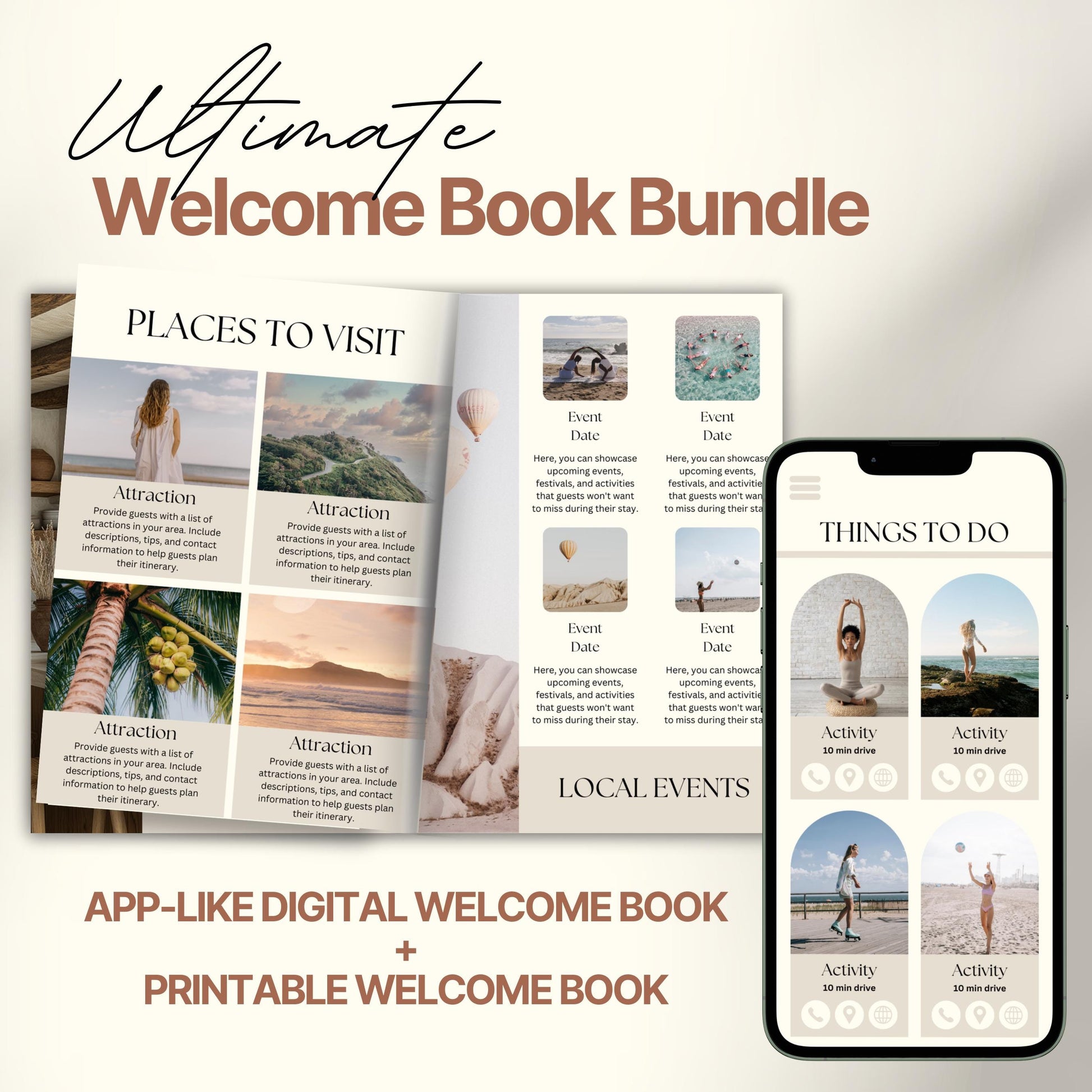 A promotional layout for a Airbnb Welcome Book template. 
