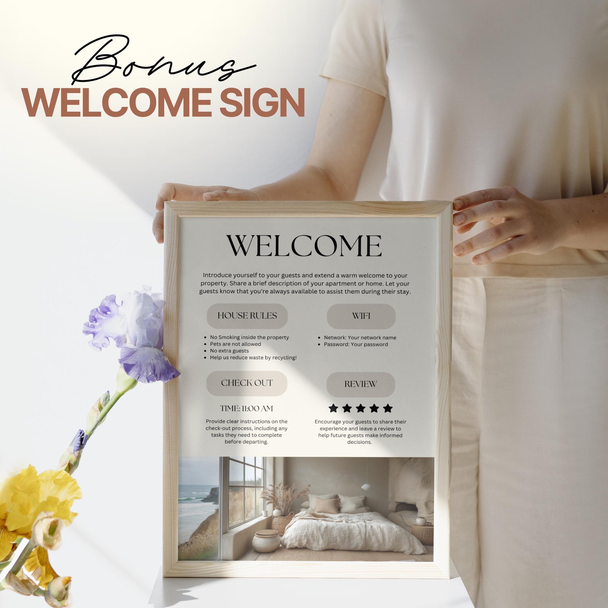 A person in a light-colored outfit holds a framed Airbnb-style welcome sign labeled “WELCOME” at the top. The sign includes sections for house rules, WiFi information, check-out time, and guest reviews. 