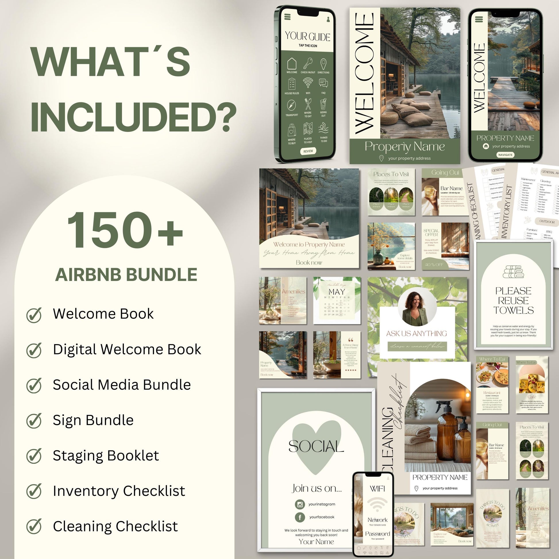 Overview image of a 150+ piece Airbnb Host Bundle in a soft theme, showcasing digital and printed welcome books, social media templates, property signs, checklists, and guest guides designed for Airbnb hosts to enhance guest experience and streamline hosting.