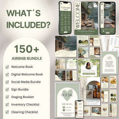 Overview image of a 150+ piece Airbnb Host Bundle in a soft theme, showcasing digital and printed welcome books, social media templates, property signs, checklists, and guest guides designed for Airbnb hosts to enhance guest experience and streamline hosting.