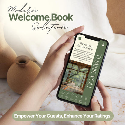 A person holds a smartphone displaying a digital Airbnb welcome book page with a "Thank You" message and a photo of a cozy outdoor seating area. The screen features an easy-to-navigate menu bar at the bottom with icons for various guest resources.