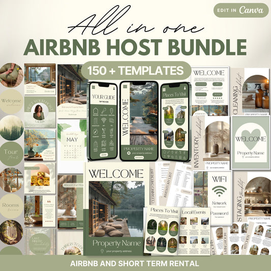 Collage showcasing a 150+ piece Ultimate Airbnb Host Bundle with fully editable Canva templates, including welcome signs,  guest guides, inventory lists, social media posts, and cleaning checklists, all designed in a cohesive neutral green and beige theme for Airbnb hosts.