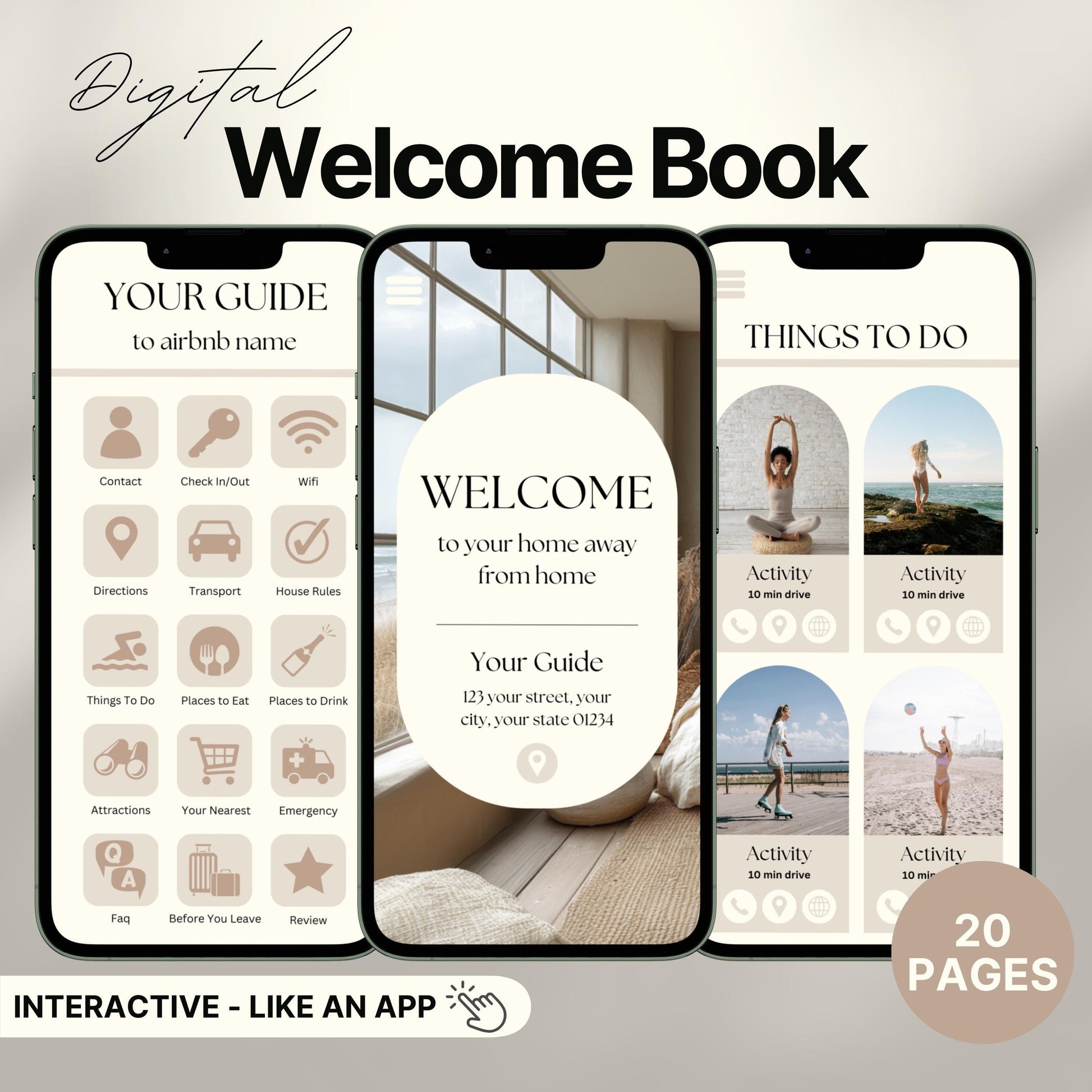 A promotional image for a digital Airbnb Welcome Book template, designed to look and function like an app.