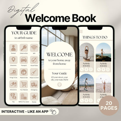 A promotional image for a digital Airbnb Welcome Book template, designed to look and function like an app.