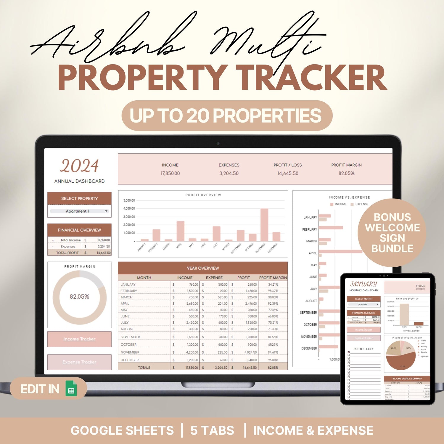 Airbnb Multi Property Tracker dashboard template displayed on a laptop and tablet, designed for up to 20 properties. Features include financial overview, income and expense charts, profit margin, and a monthly/yearly breakdown. Promotes editing in Google Sheets with 5 tabs and includes a bonus welcome sign bundle.