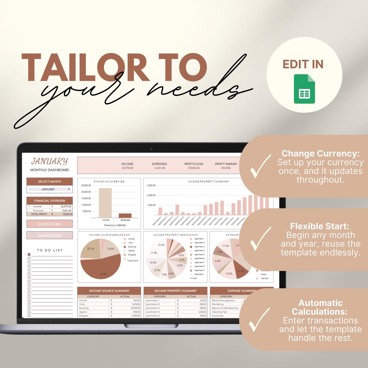 Screenshot of a laptop displaying a customizable monthly dashboard from an Airbnb property tracker template in Google Sheets. Features shown include charts for financial overviews, income property summaries, pie charts, and tables.