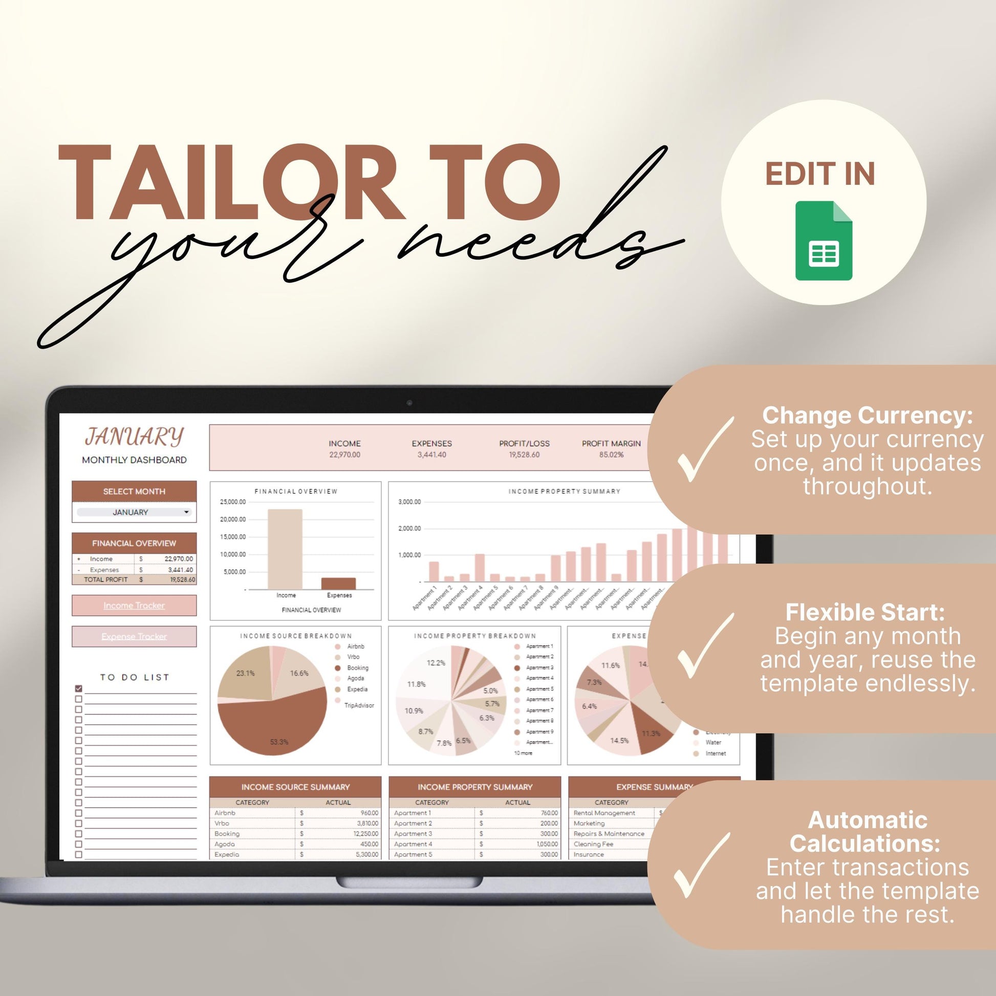 Screenshot of a laptop displaying a customizable monthly dashboard from an Airbnb property tracker template in Google Sheets. Features shown include charts for financial overviews, income property summaries, pie charts, and tables.
