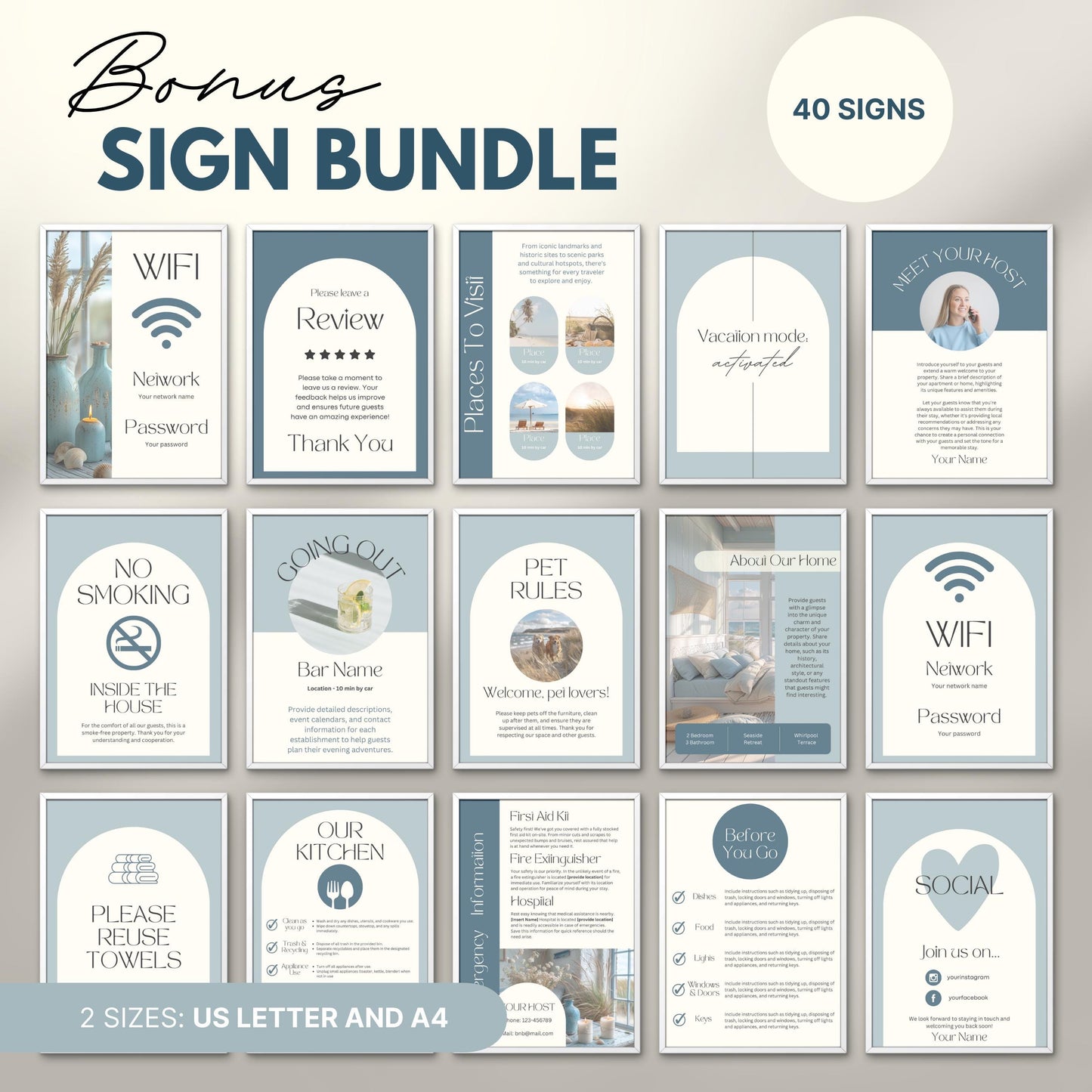 Preview of a “Bonus Sign Bundle” featuring 40 printable signs designed for Airbnb or vacation rental hosts.