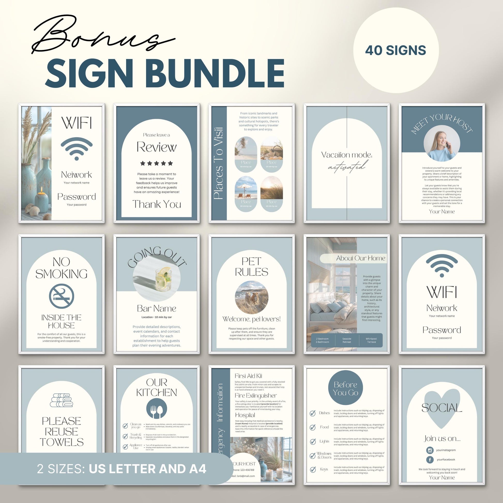 Preview of a “Bonus Sign Bundle” featuring 40 printable signs designed for Airbnb or vacation rental hosts.