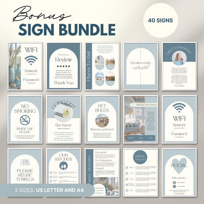 Preview of a “Bonus Sign Bundle” featuring 40 printable signs designed for Airbnb or vacation rental hosts.