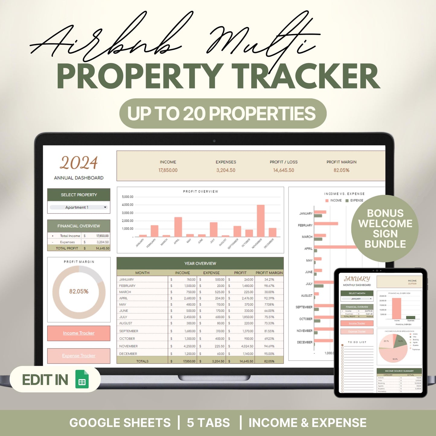 Airbnb Multi Property Tracker dashboard template displayed on a laptop and tablet, designed for up to 20 properties. Features include financial overview, income and expense charts, profit margin, and a monthly/yearly breakdown. Promotes editing in Google Sheets with 5 tabs and includes a bonus welcome sign bundle.