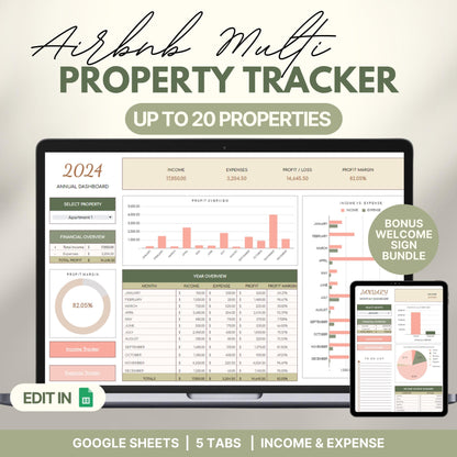 Airbnb Multi Property Tracker dashboard template displayed on a laptop and tablet, designed for up to 20 properties. Features include financial overview, income and expense charts, profit margin, and a monthly/yearly breakdown. Promotes editing in Google Sheets with 5 tabs and includes a bonus welcome sign bundle.