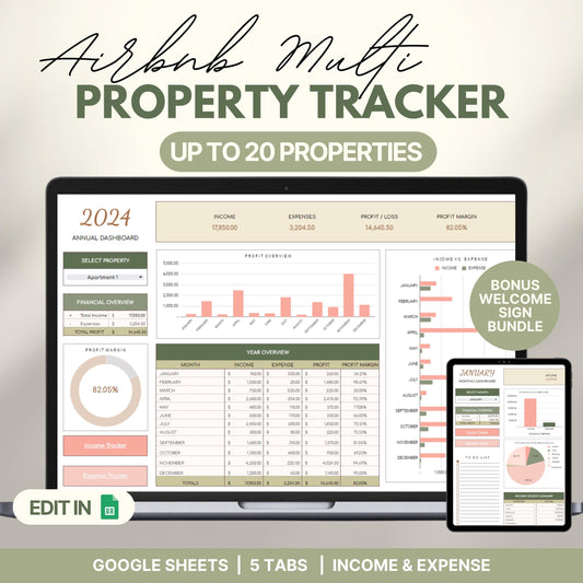 Airbnb Multi Property Tracker dashboard template displayed on a laptop and tablet, designed for up to 20 properties. Features include financial overview, income and expense charts, profit margin, and a monthly/yearly breakdown. Promotes editing in Google Sheets with 5 tabs and includes a bonus welcome sign bundle.