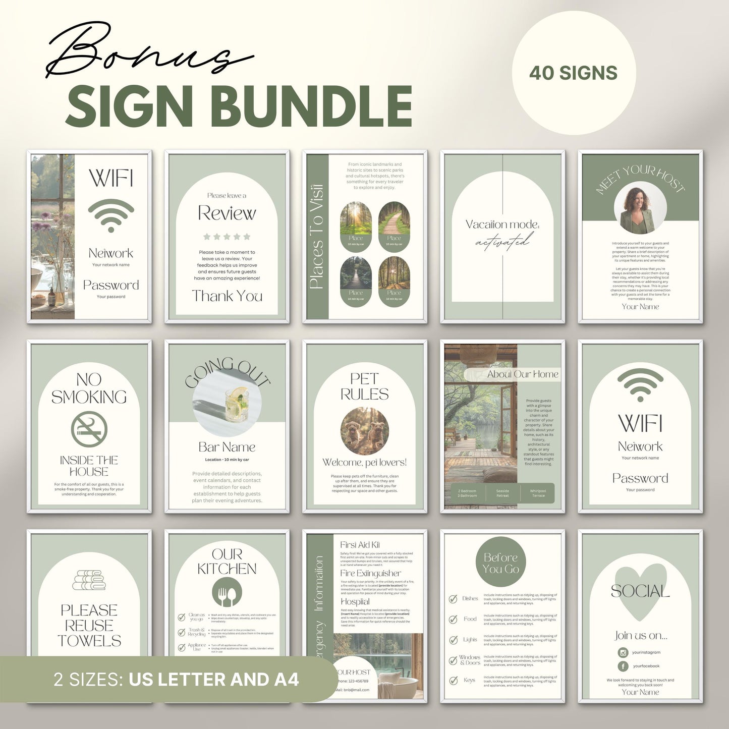 Preview of a “Bonus Sign Bundle” featuring 40 printable signs designed for Airbnb or vacation rental hosts.