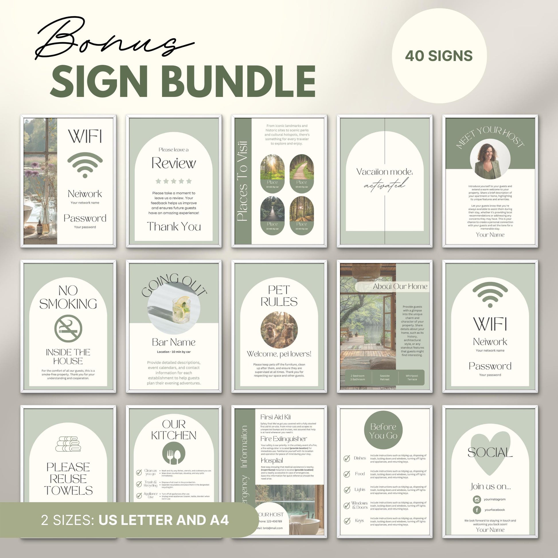 Preview of a “Bonus Sign Bundle” featuring 40 printable signs designed for Airbnb or vacation rental hosts.