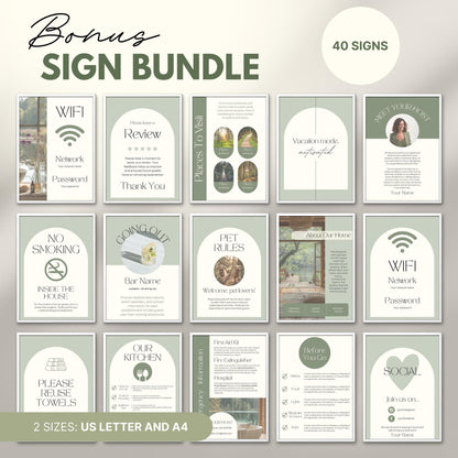 Preview of a “Bonus Sign Bundle” featuring 40 printable signs designed for Airbnb or vacation rental hosts.
