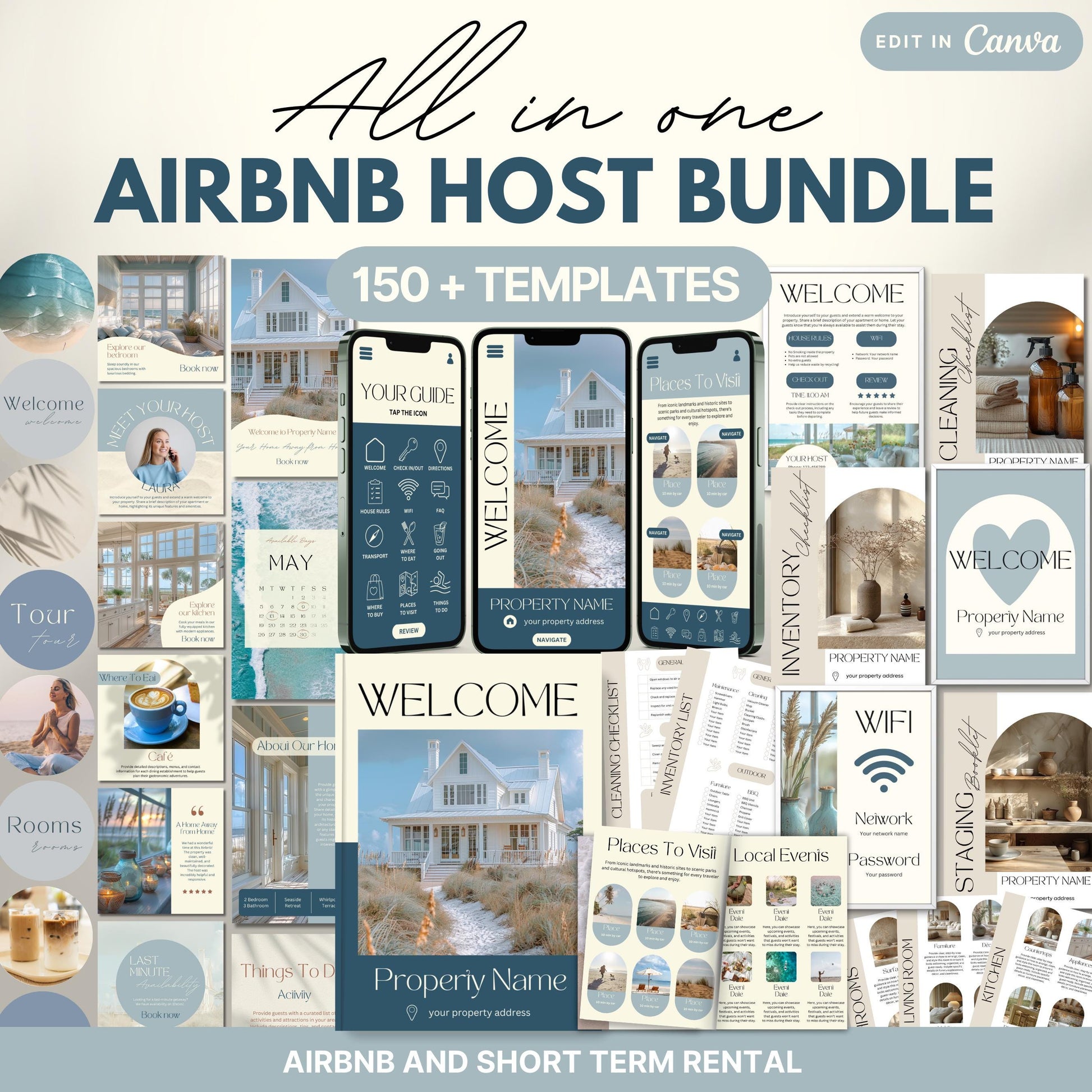 Promotional graphic for the “Ultimate Airbnb Host Bundle” showcasing over 150 editable templates. The image features a variety of digital and printable templates displayed on phones, tablets, laptops, and printed pages.