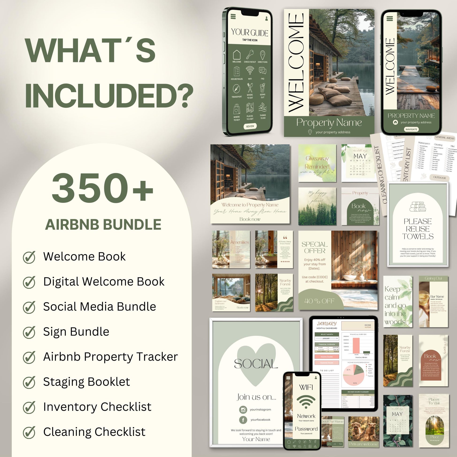 Overview image of a 350+ piece Airbnb Host Bundle in a soft theme, showcasing digital and printed welcome books, social media templates, property signs, postcards, checklists, and guest guides designed for Airbnb hosts to enhance guest experience and streamline hosting.