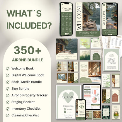 Overview image of a 350+ piece Airbnb Host Bundle in a soft theme, showcasing digital and printed welcome books, social media templates, property signs, postcards, checklists, and guest guides designed for Airbnb hosts to enhance guest experience and streamline hosting.