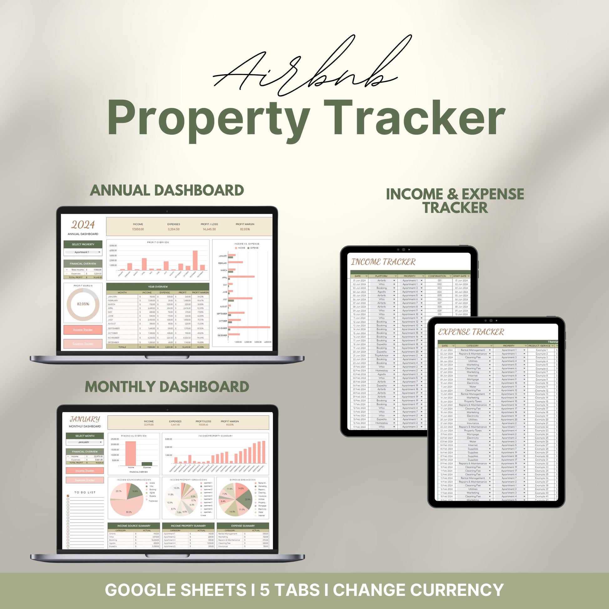 Overview of a airbnb host bundle showing an airbnb property tracker for google sheets.
