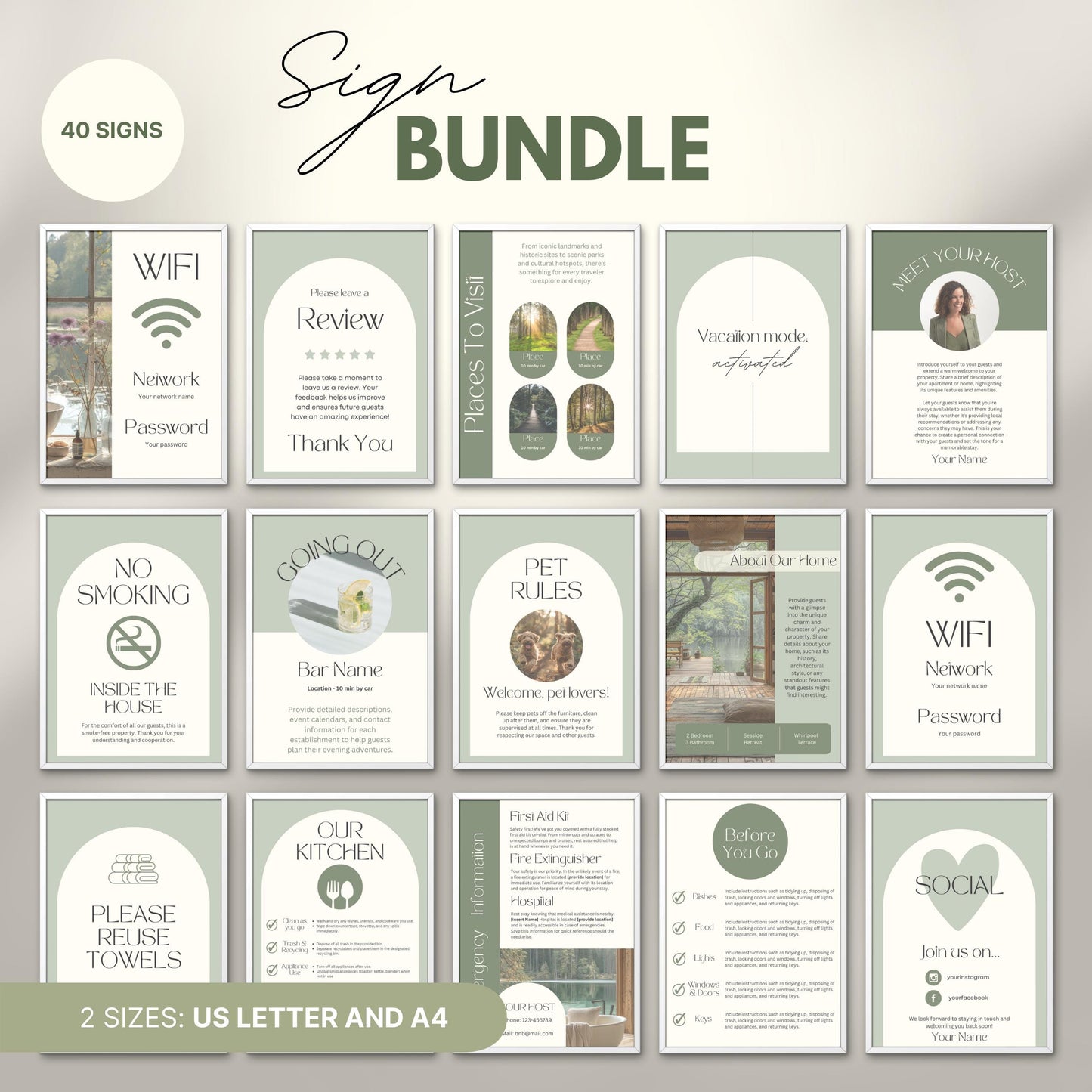 Overview of a airbnb host bundle showing airbnb signs in us letter and a4.