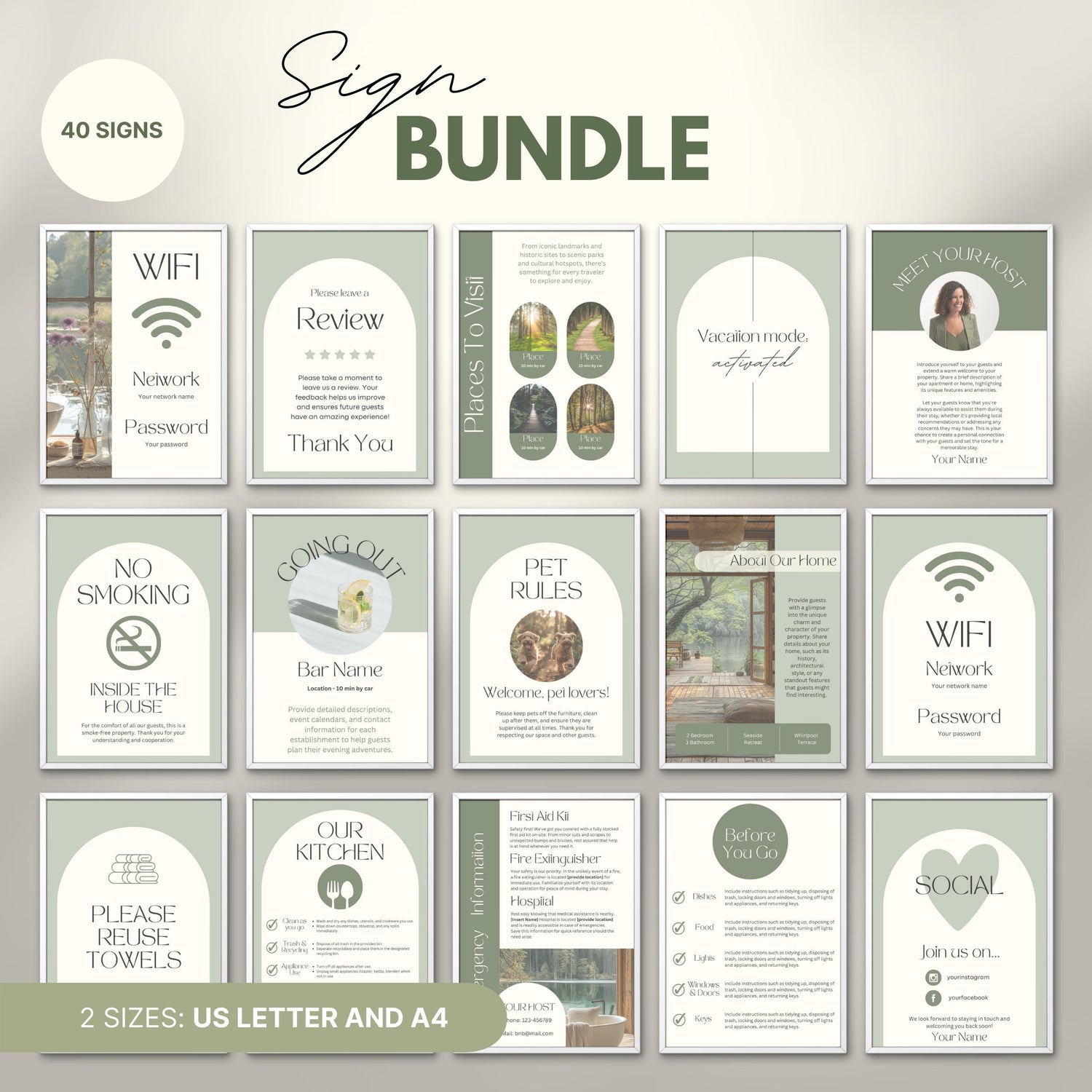 Overview of a airbnb host bundle showing airbnb signs in us letter and a4.