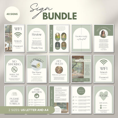 Overview of a airbnb host bundle showing airbnb signs in us letter and a4.