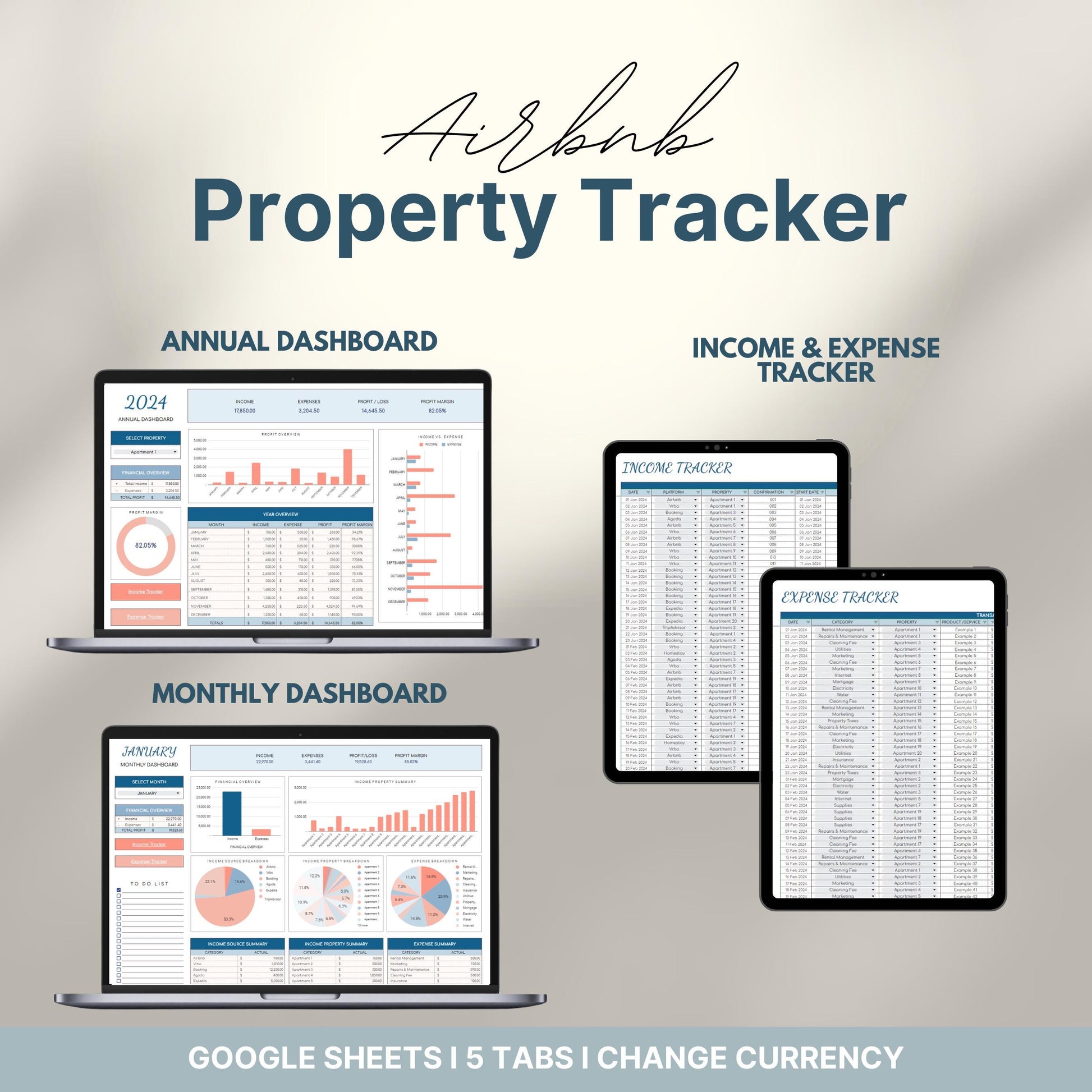 Overview of a airbnb host bundle showing an airbnb property tracker for google sheets.