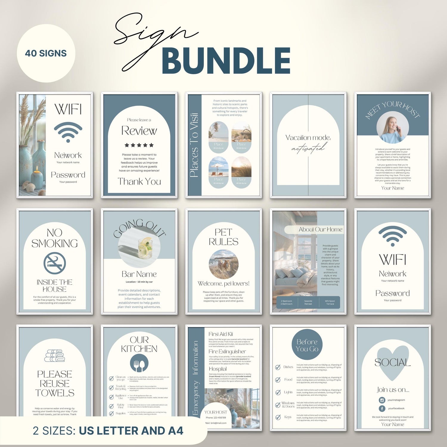 Overview of a airbnb host bundle showing airbnb signs in us letter and a4.