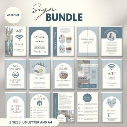 Overview of a airbnb host bundle showing airbnb signs in us letter and a4.