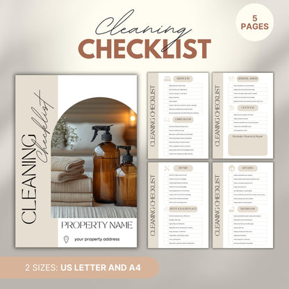 A marketing image displays a minimalist Cleaning Checklist designed for property hosts, available in US Letter and A4 sizes.