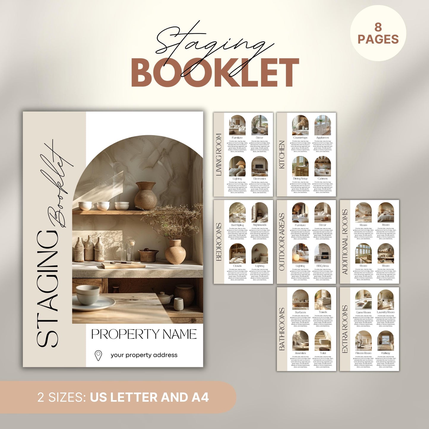 A marketing image displays a minimalist Staging Booklet designed for property hosts, available in US Letter and A4 sizes. 