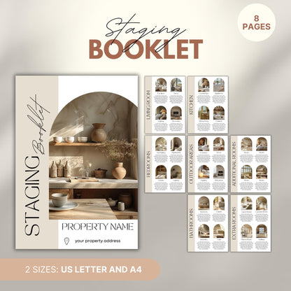 A marketing image displays a minimalist Staging Booklet designed for property hosts, available in US Letter and A4 sizes. 