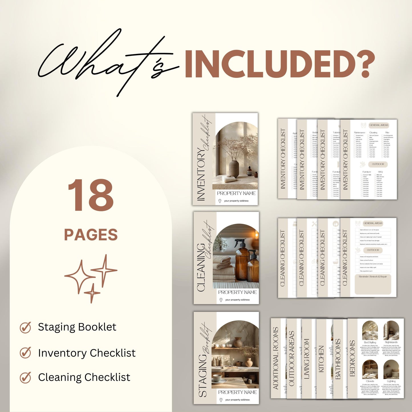 A promotional graphic outlines the contents of a property host template bundle titled "What’s Included?" in modern script and bold font. It highlights “18 Pages” inside a soft beige rounded panel, followed by a checklist: ✓ Staging Booklet, ✓ Inventory Checklist, ✓ Cleaning Checklist.