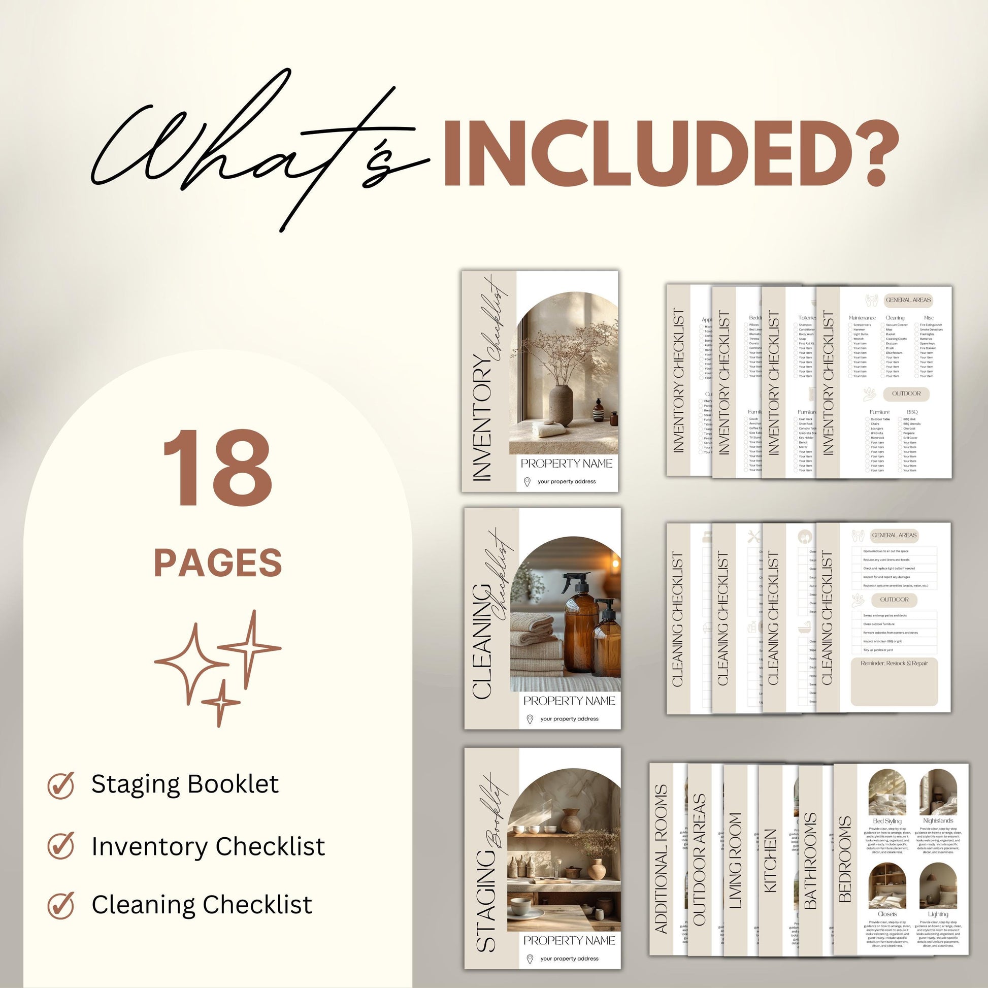 A promotional graphic outlines the contents of a property host template bundle titled "What’s Included?" in modern script and bold font. It highlights “18 Pages” inside a soft beige rounded panel, followed by a checklist: ✓ Staging Booklet, ✓ Inventory Checklist, ✓ Cleaning Checklist.