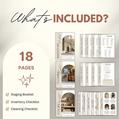 A promotional graphic outlines the contents of a property host template bundle titled "What’s Included?" in modern script and bold font. It highlights “18 Pages” inside a soft beige rounded panel, followed by a checklist: ✓ Staging Booklet, ✓ Inventory Checklist, ✓ Cleaning Checklist.