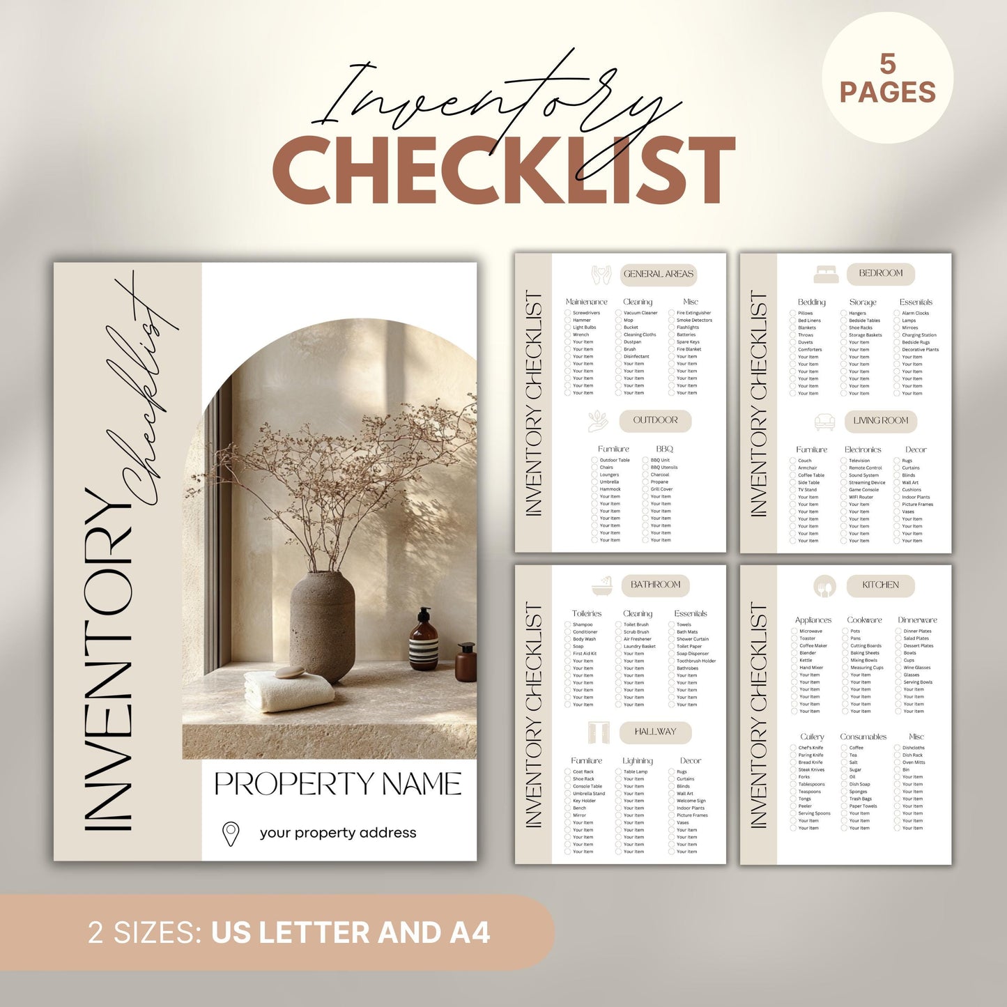 A marketing image displays a minimalist Inventory Checklist designed for property hosts, available in US Letter and A4 sizes.