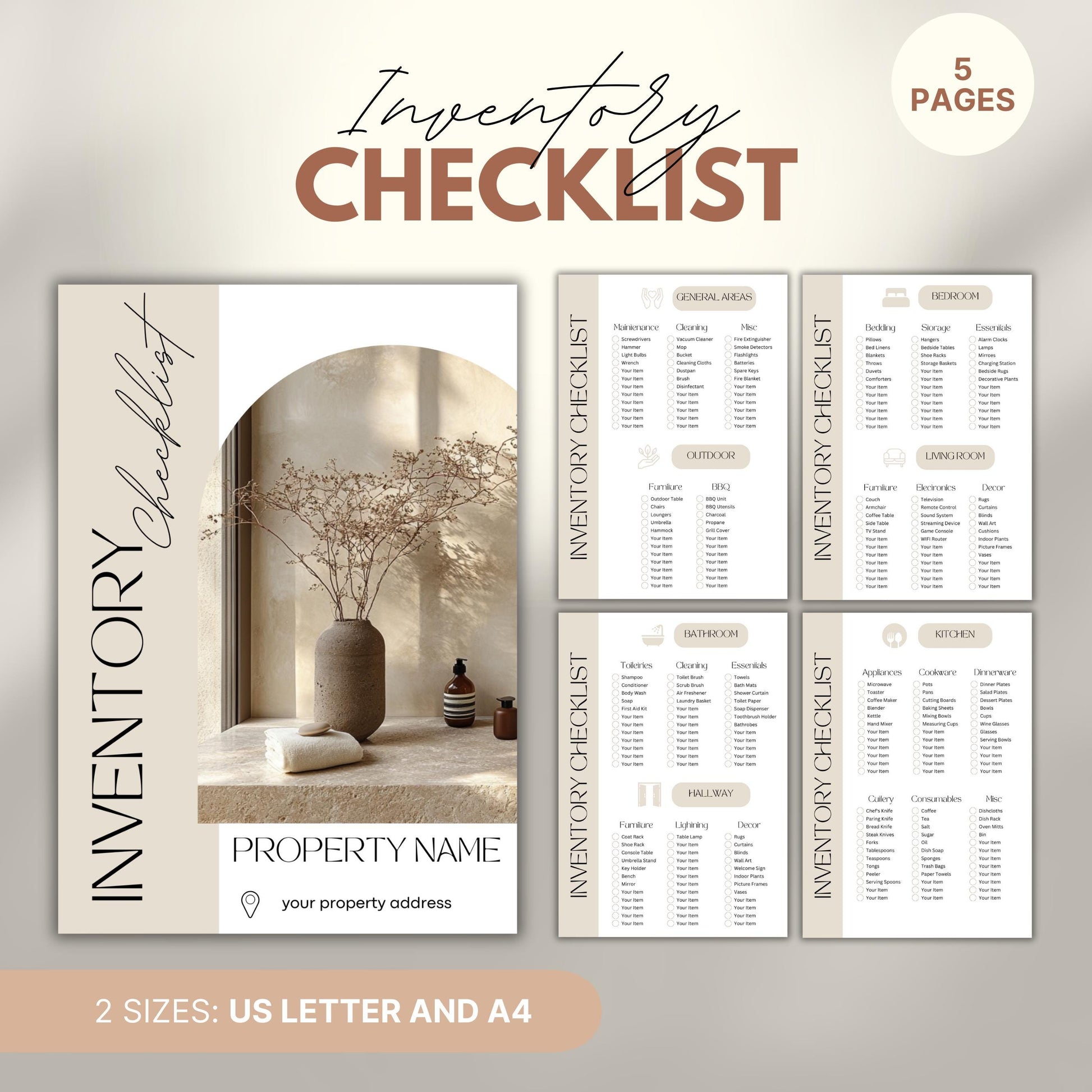 A marketing image displays a minimalist Inventory Checklist designed for property hosts, available in US Letter and A4 sizes.