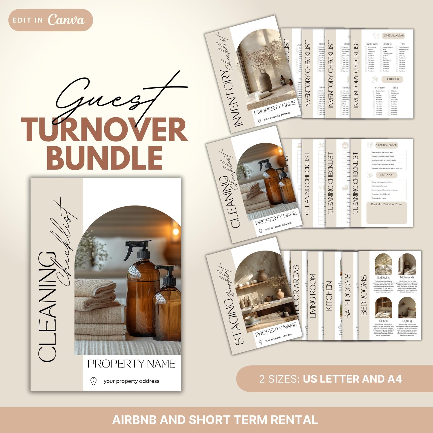 A marketing image displays a minimalist Guest Turnover Bundle designed for property hosts, available in US Letter and A4 sizes.