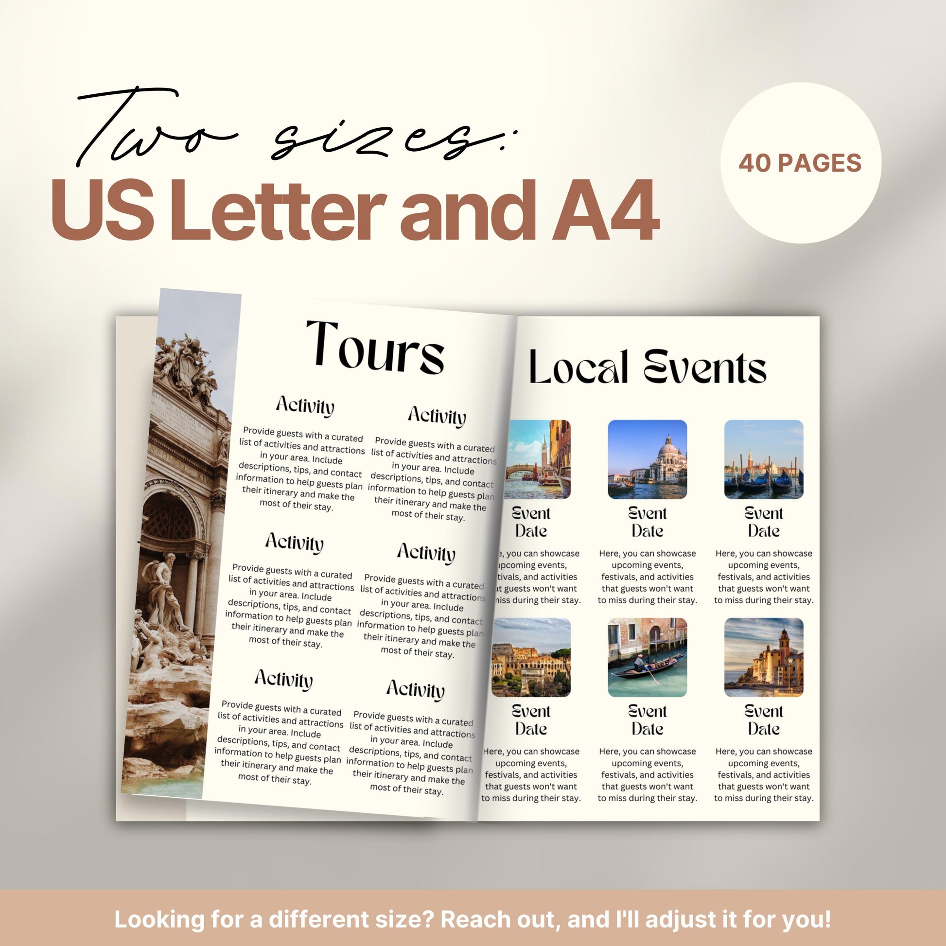 Travel itinerary template displayed in two formats: US Letter and A4 sizes, featuring organized trip details, minimalist design, and printable layout for easy planning.