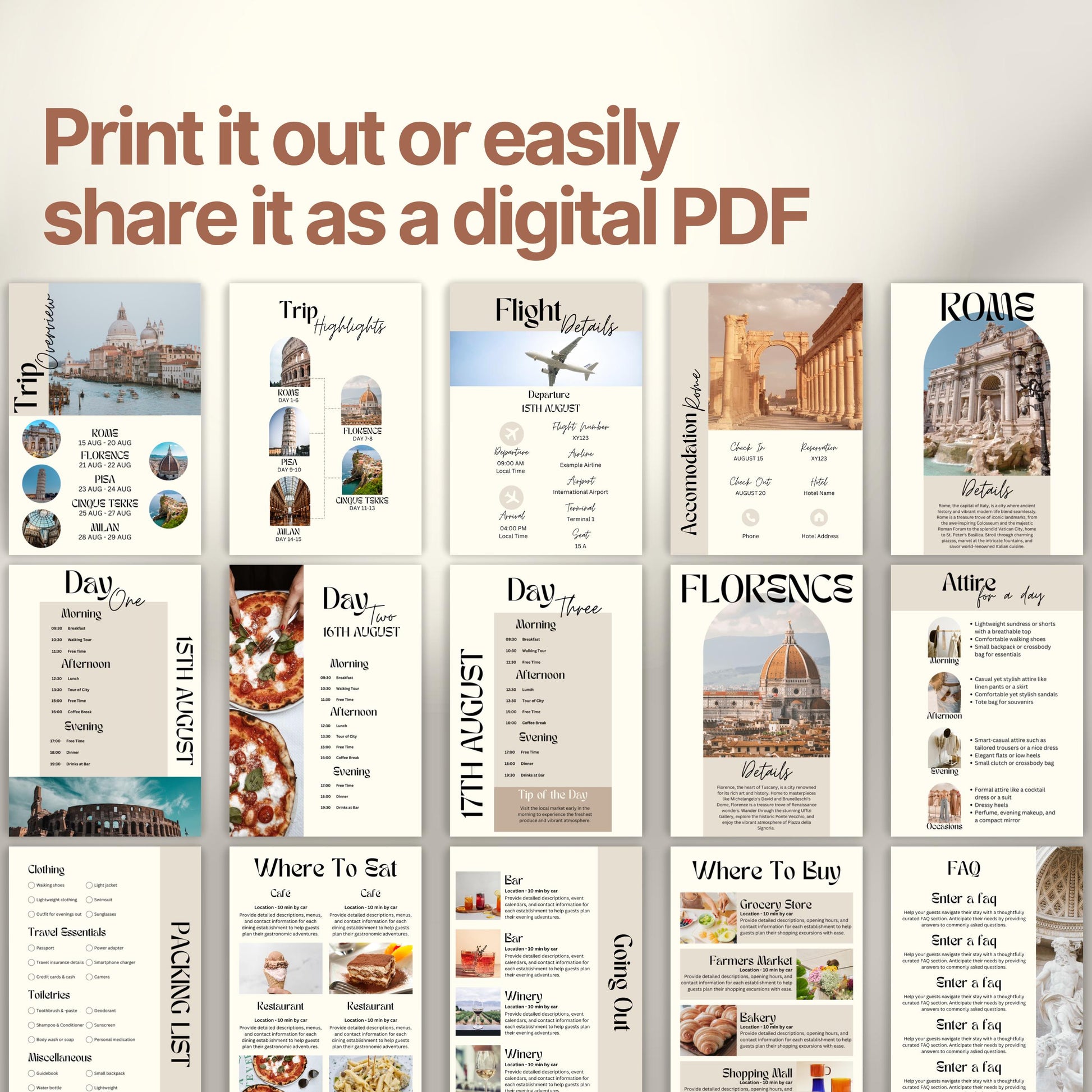 A preview layout showing multiple pages from a travel itinerary template. The design is modern, organized, and visually rich with photos of destinations, local cuisine, and cultural icons.