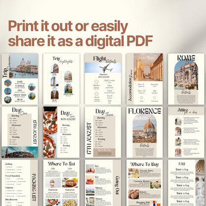 A preview layout showing multiple pages from a travel itinerary template. The design is modern, organized, and visually rich with photos of destinations, local cuisine, and cultural icons.