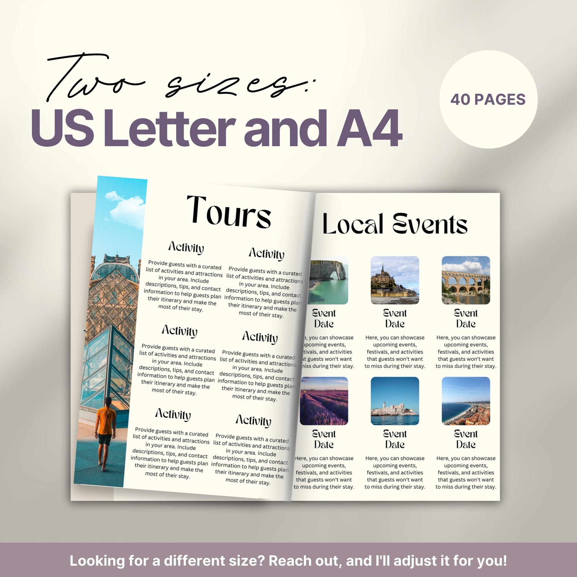 Travel itinerary template displayed in two formats: US Letter and A4 sizes, featuring organized trip details, minimalist design, and printable layout for easy planning.