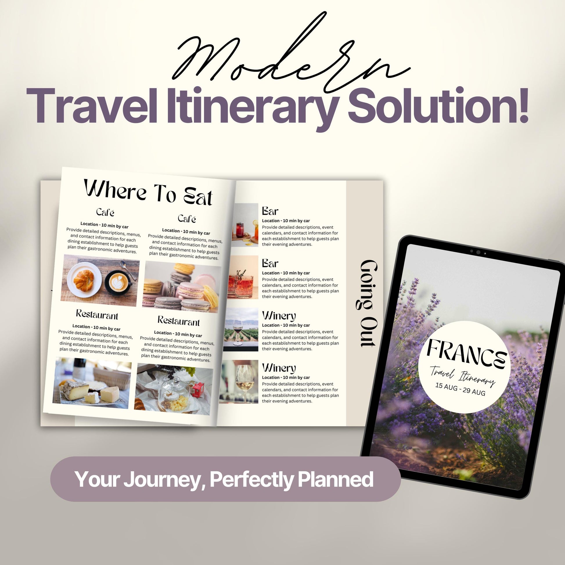A promotional image titled “Modern Travel Itinerary Solution!” featuring a travel itinerary. 